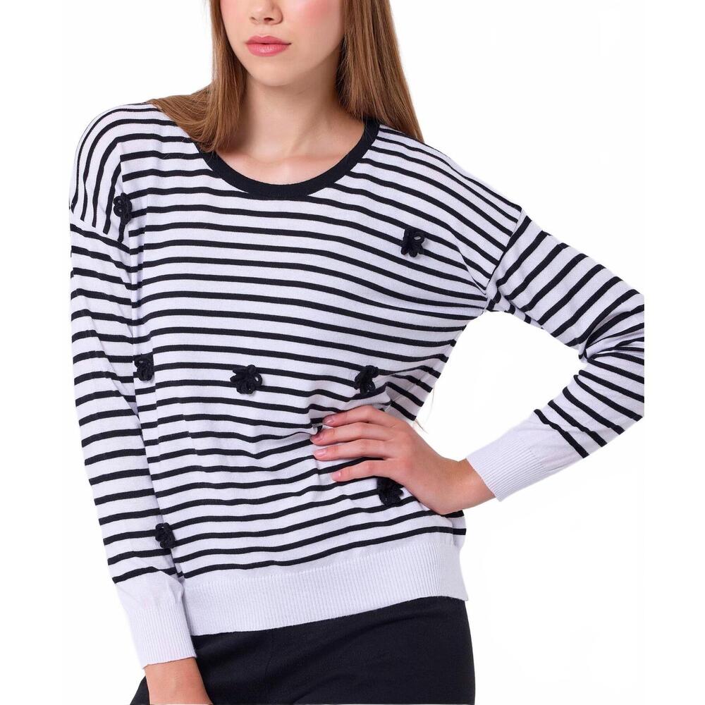 NEW FRENCH KYSS stripe handmade flower top in white/black